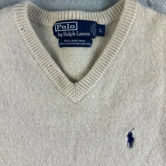 Vintage Polo Ralph Lauren Cream 100% Lambswool V-neck Pullover Sweater - Picture 3 of 7
